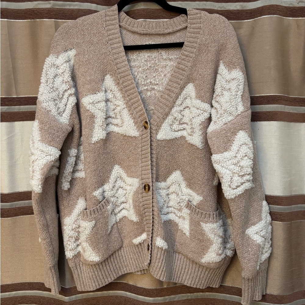 Cozy Star-Pattern Open Cardigan Sweater - Taupe & Cream